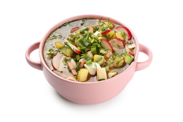 Bowl with tasty okroshka isolated on white background