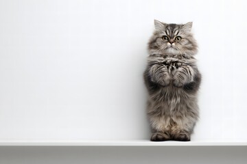 Fototapeta premium Fluffy Cat Standing on Shelf Against Plain White Background in Bright Indoor Space