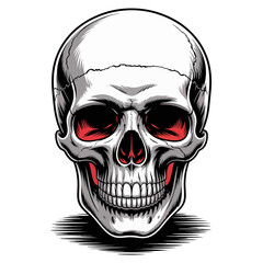 Skull portrait with crimson shadows, menacing grin, noir engraving look, dramatic horror poster symbol, spooky vector illustration