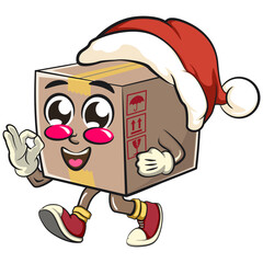 delivery cardboard box mascot cartoon character vector illustration wearing a Santa Claus hat while walking and giving a oke sign, work of hand drawn