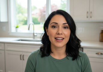 Woman smiling friendly in modern kitchen capturing casual lifestyle moments and home atmosphere
