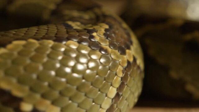 Close-up of a snake's patterned skin, showing individual scales in shades of green and brown with intricate textures.