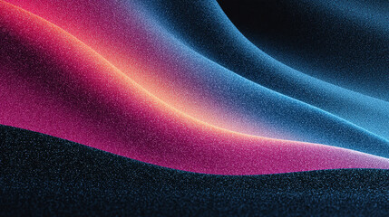 Abstract grainy gradient background with blue, magenta, pink, and orange glowing waves on a dark backdrop. Smooth color flow with noise texture, perfect for banner or modern design copy space.