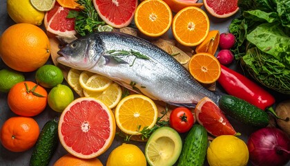 Overhead shot showing fresh fish surrounded by vibrant fruits and vegetables, including citrus, tomatoes, cucumbers