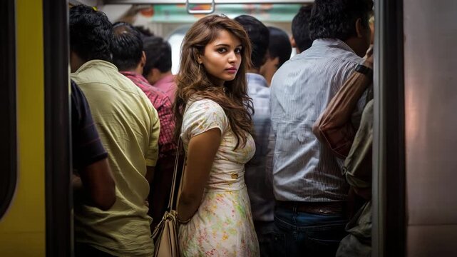 Indian woman and people in a crowded train