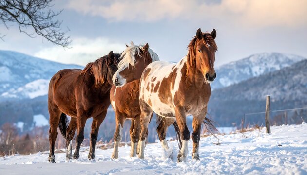 Three horses of varying colors stand together in a snow-covered field with a mountain backdrop
