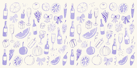 Whimsical hand drawn purple party elements featuring fruits drinks gifts and candles on a light background
