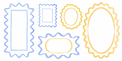 Collection of playful hand drawn wavy frames in blue and yellow on a white background