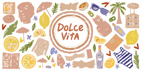 Dolce vita italian summer vacation collage with roman landmarks and citrus fruits