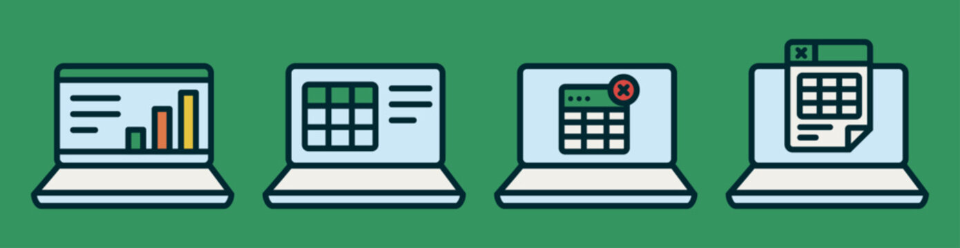 Spreadsheet icon flat illustration. Financial accounting report concept. office things for accounting planning, analysis, audit, project management, marketing, research vector set.
