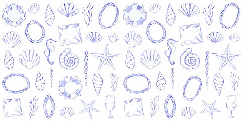 Collection of hand drawn blue watercolor beach and ocean themed illustrations on white background