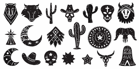 Collection of black and white western and tribal inspired icons including skulls cacti moons and animals