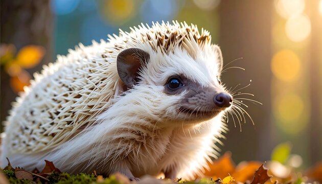An adorable hedgehog with white and brown quills basks in the sunlit forest, surrounded by autumn leaves and bokeh