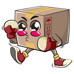 delivery cardboard box mascot cartoon character vector illustration practicing boxing wearing boxing glove, work of hand drawn