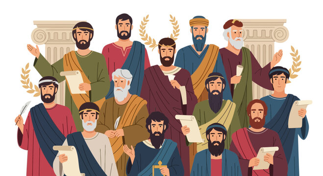 Ancient Greek and Roman philosophers, scholars, and historical figures with scrolls