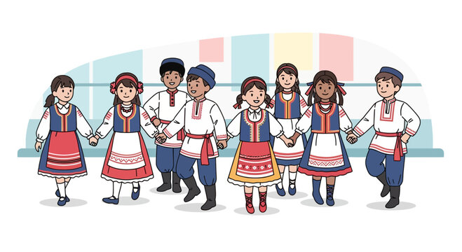 Diverse children in traditional folk costumes holding hands, celebrating cultural heritage and unity