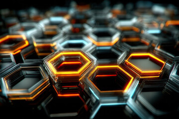 Fototapeta premium Hexagon grid: An intricate array of luminous, geometric hexagons interlocks across a sleek, dark surface, radiating an aura of technological innovation and modern design.