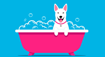 Naklejka premium Happy white dog enjoying a bubble bath in a pink tub during grooming.
