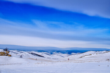 Tazhenranskaya steppe in winter on west coast of Lake Baikal, Siberia