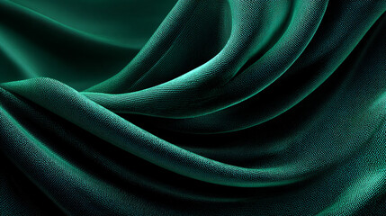 Luxurious green emerald teal abstract background with silky folds, satin shine, smooth drape texture, and glossy light shadow flow enhanced by soft noise grain mesh.