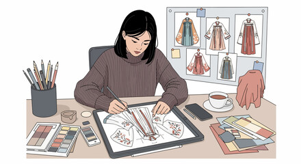 Fashion designer illustrating dress concepts on a digital tablet at a desk. Creative workspace with inspiration board, color palettes, and design t...