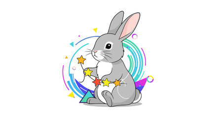 Fototapeta premium A cute little rabbit holds a string of colorful stars surrounded by abstract geometric shapes.