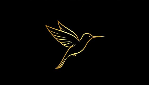 Golden hummingbird in flight, minimalist line art on black background - Powered by Adobe
