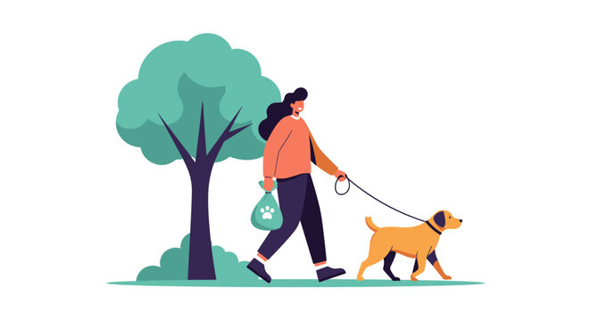 A woman walks her dog in a park on a sunny day collecting its waste.