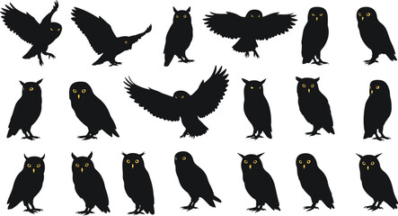 Owl silhouettes with glowing yellow eyes, nocturnal bird vector, flying wildlife design, forest predator illustration, black owl artwork, night nature