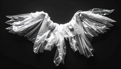 Angelic wings made of translucent plastic against a dark background