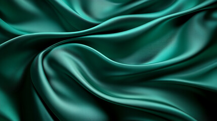 Obraz premium Luxurious green emerald teal abstract background with silky folds, satin shine, smooth drape texture, and glossy light shadow flow enhanced by soft noise grain mesh.