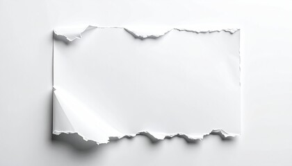 Plain white paper torn at edges, curling gently, set against a white background