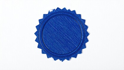 Blue, circular, textured sticker with a sunburst edge on a white surface