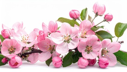 A close-up of delicate pink blossoms and buds on a branch against a white backdrop