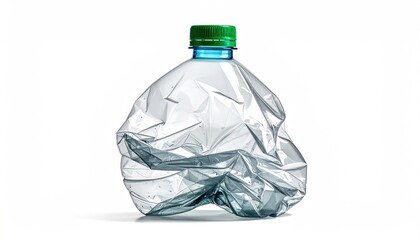 A crumpled, translucent plastic bottle with a green cap, isolated on white