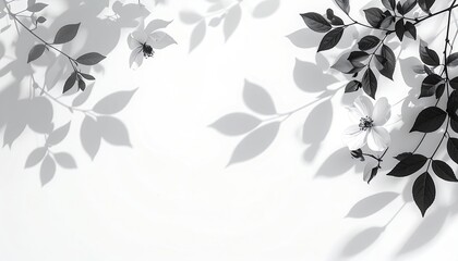 Monochrome botanical composition with leaves and shadows on a white backdrop