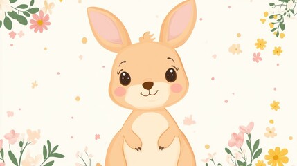 Animated illustration of a friendly cartoon kangaroo amidst floral decorations