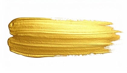 A single, textured brushstroke of shimmering gold paint, against a clean white backdrop