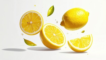 Bright yellow lemons floating in air with sliced pieces and leaves, white background