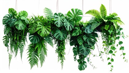 Lush green hanging display of tropical plants against a bright white backdrop