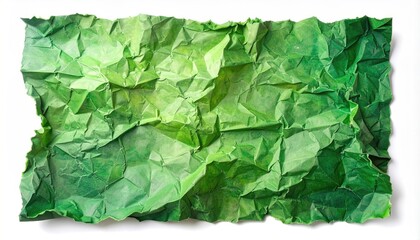 Crumpled vibrant green paper with varied hues, texture, and cast shadow, white backdrop