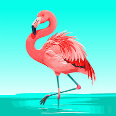 Pink flamingo standing in shallow water, tropical turquoise background, elegant wading bird, travel poster vibe, summer illustration