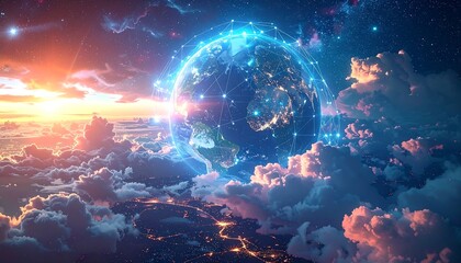 A vibrant digital artwork of Earth amidst a surreal sky and clouds