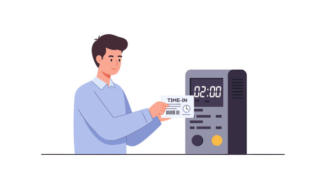 Man Using Time Clock for Attendance Tracking in Office.