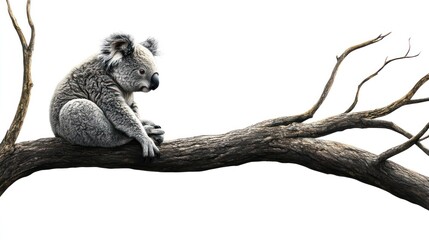 Fototapeta premium Koala bear sitting on tree branch against a white background