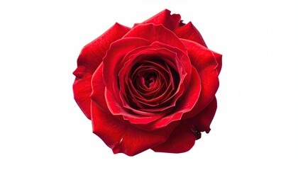 Top-down view of a vibrant, open, velvety red flower, isolated on white