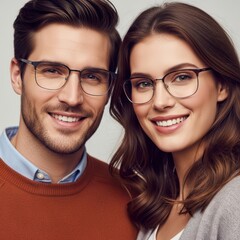 Happy couple wearing stylish eyeglasses smiling together demonstrating vision care products