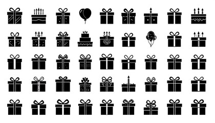 Collection of simple black and white gift and cake icons