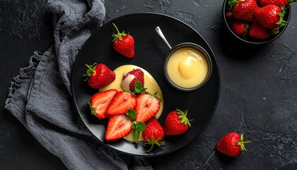 Overhead view of a black plate with sliced strawberries and a small bowl of yellow sauce, scattered whole berries