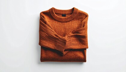 A folded, burnt orange knit sweater rests on a white surface, overhead view